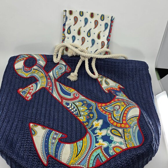 Vera Bradley Navy Straw Anchor Beach Tote w/ Pouch - Picture 7 of 8